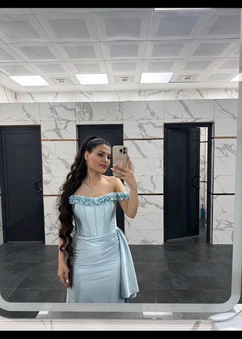 Abiye Uzun, Askılı, Drapeli bebe mavisi Abiye Elbise
