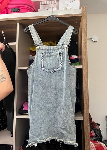 Gri Yıkamalı Denim Midi Kısa Salopet