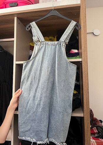 Diğer Gri Yıkamalı Denim Midi Kısa Salopet