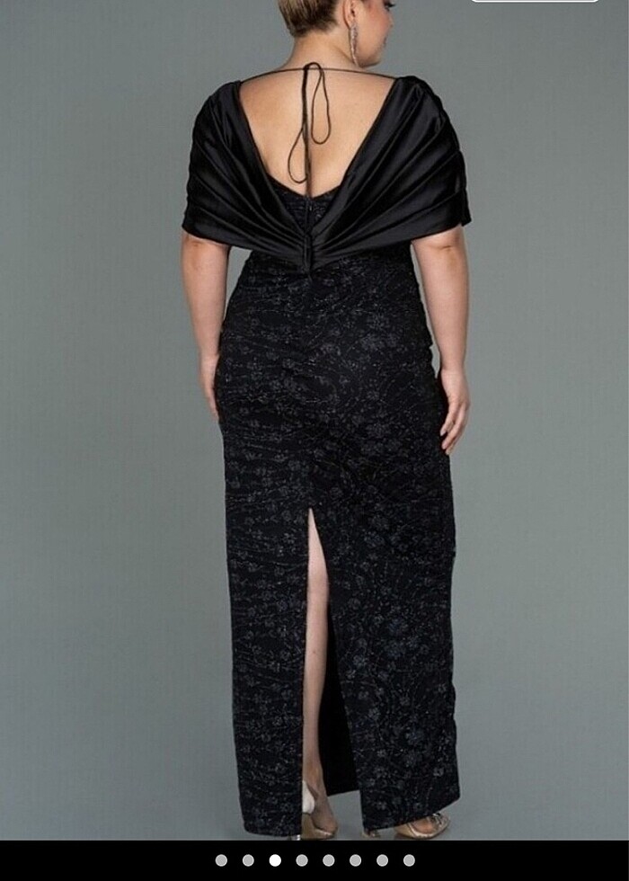 drapeli simli abiye dantel kayık yaka elbise yırtmaçlı abiy - Görsel 4