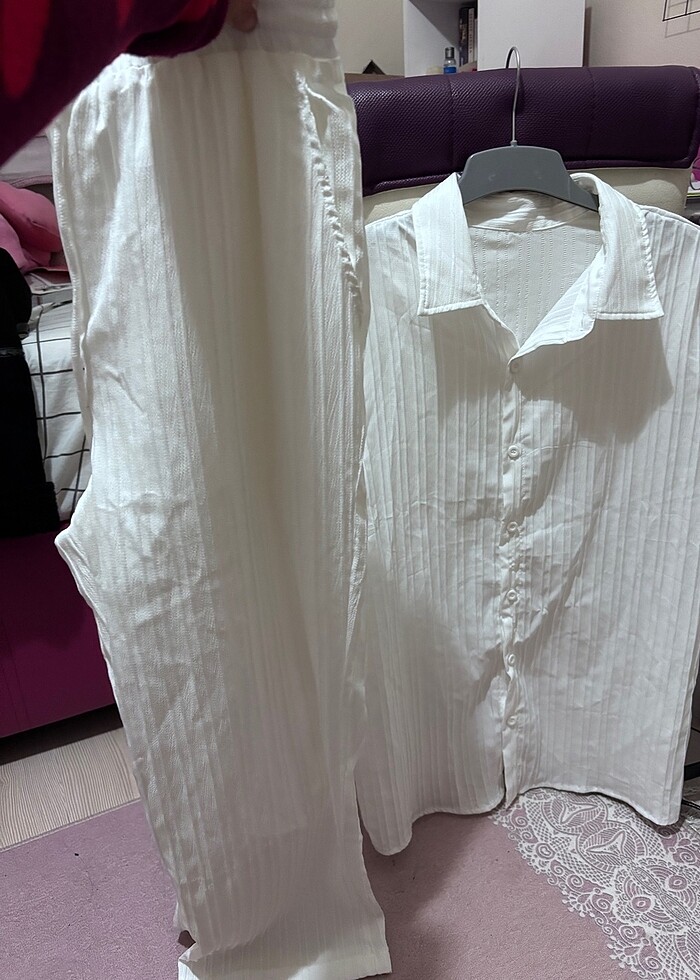 Beyaz fitilli takım gömlek pantalon takım - Görsel 3