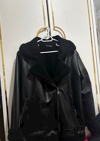 Siyah Deri Kürklü Biker Ceket içi kürklü mont - Görsel 2