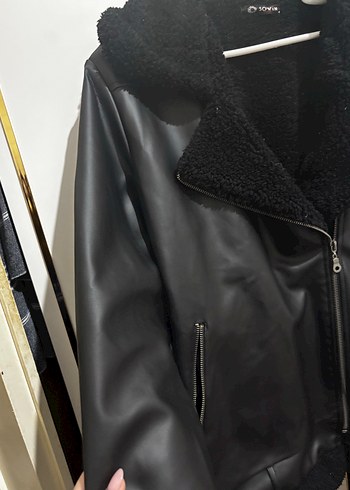 Siyah Deri Kürklü Biker Ceket içi kürklü mont - Görsel 9