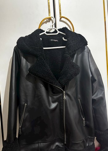 Siyah Deri Kürklü Biker Ceket içi kürklü mont - Görsel 5