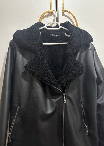 Siyah Deri Kürklü Biker Ceket içi kürklü mont - Görsel 3
