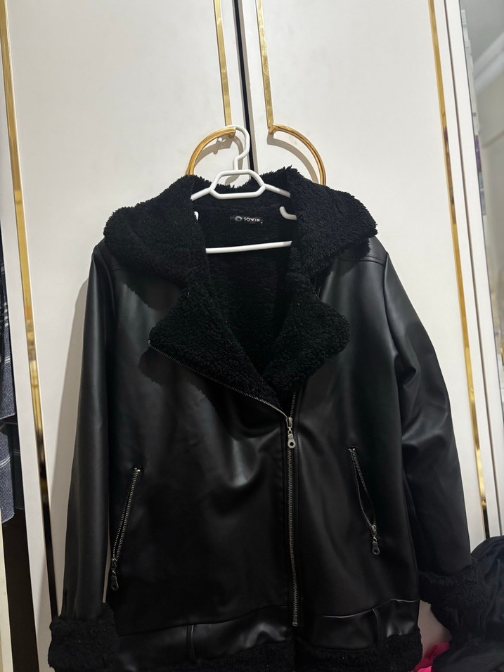 Siyah Deri Kürklü Biker Ceket içi kürklü mont - Görsel 2