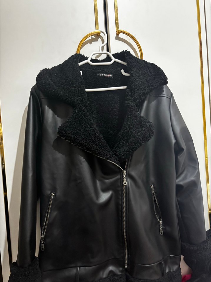 Siyah Deri Kürklü Biker Ceket içi kürklü mont - Görsel 5
