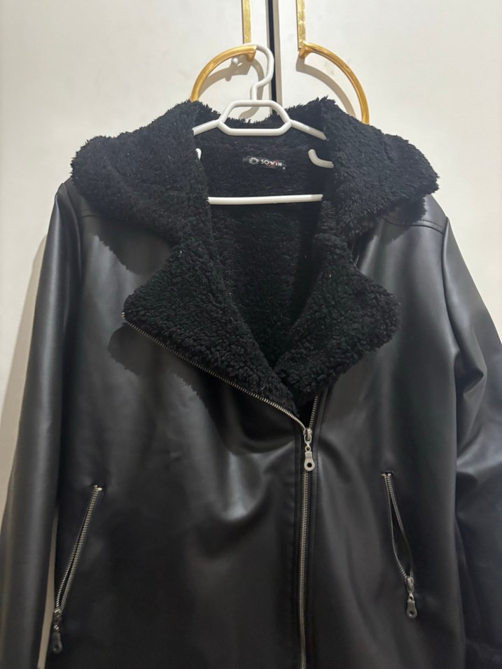 Siyah Deri Kürklü Biker Ceket içi kürklü mont - Görsel 3