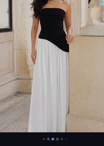 Korse abiye piliseli Siyah-Beyaz Drapeli Straplez Uzun Elbise - Görsel 6