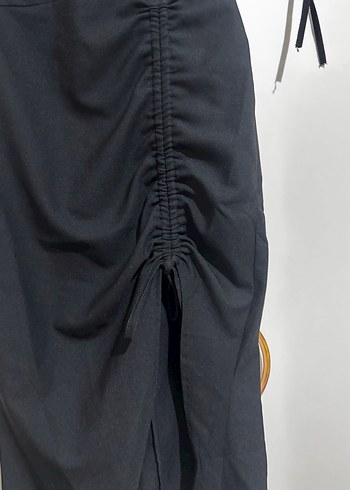 Kadın Siyah Keten Drapeli Uzun Elbise yırtmaçlı elbise - Görsel 3