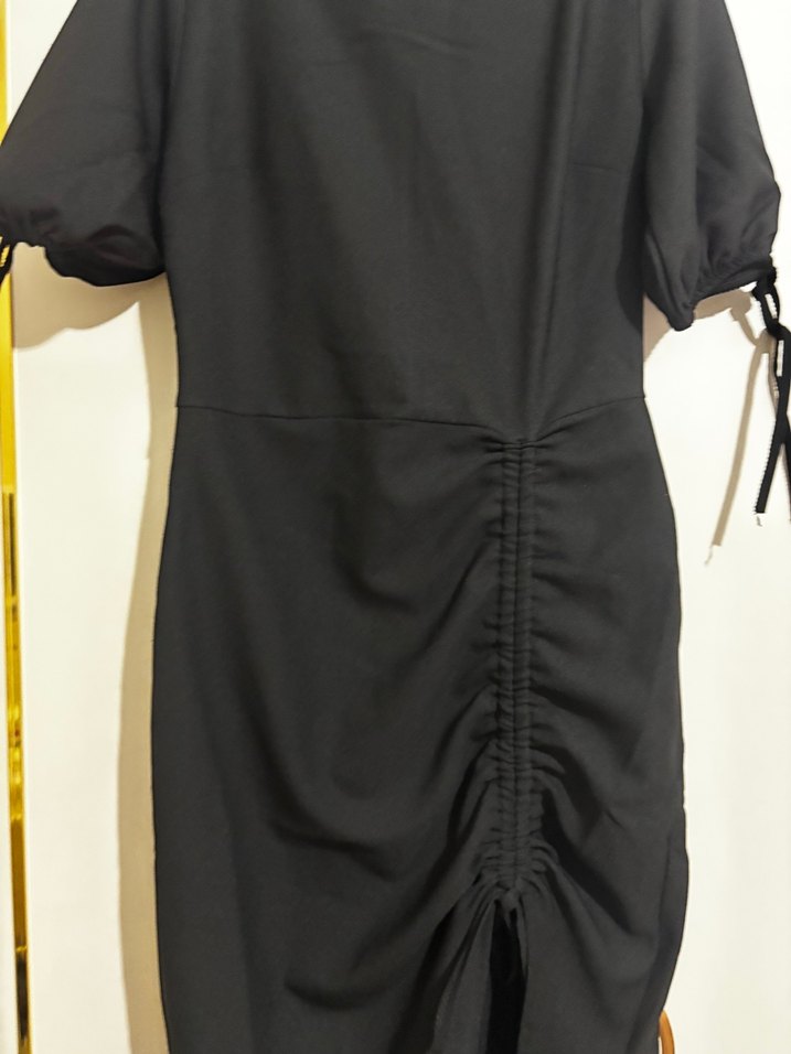 Kadın Siyah Keten Drapeli Uzun Elbise yırtmaçlı elbise - Görsel 4