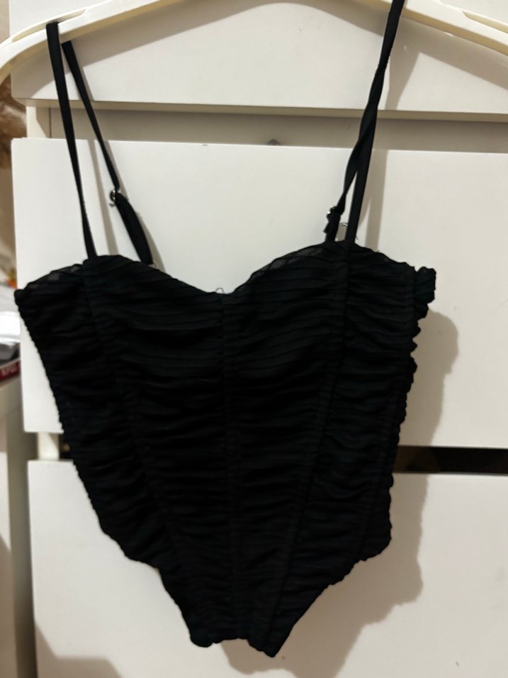 Siyah crop tül Göğüs Korsesi korse bustiyer tül bluz büstiy - Görsel 3