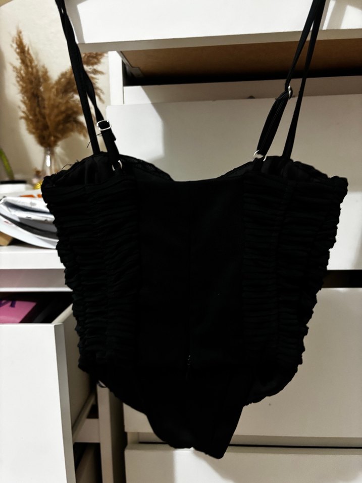 Siyah crop tül Göğüs Korsesi korse bustiyer tül bluz büstiy - Görsel 5