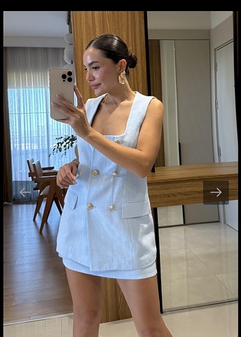 Bebe mavisi yelek etek takım gold düğme blazer yelek