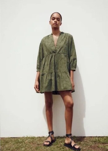 Zara Haki fistolu elbise Nakışlı Kısa Kollu Bohem Mini Elbise