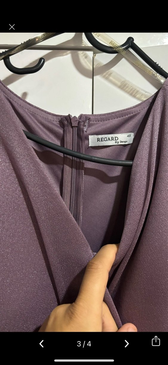 Mor V Yakalı Uzun Drapeli Kadın Elbise - Görsel 2