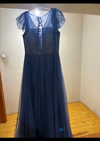 Lacivert V Yakalı Drapeli Uzun Abiye Elbise - Görsel 2