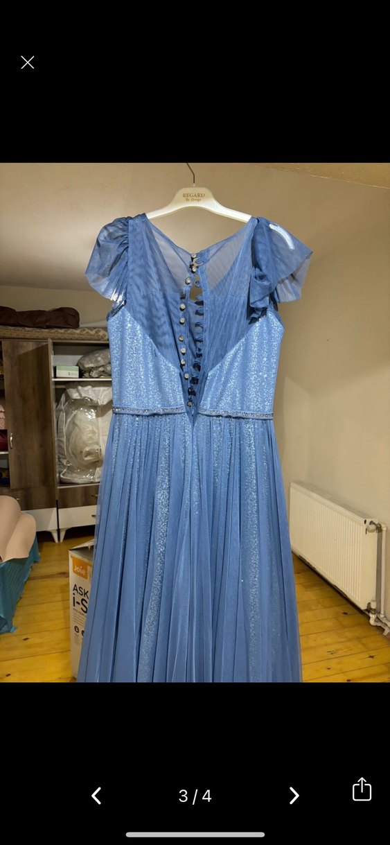 Lacivert V Yakalı Drapeli Uzun Abiye Elbise - Görsel 3