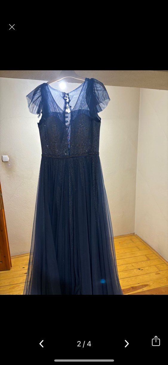 Lacivert V Yakalı Drapeli Uzun Abiye Elbise - Görsel 2