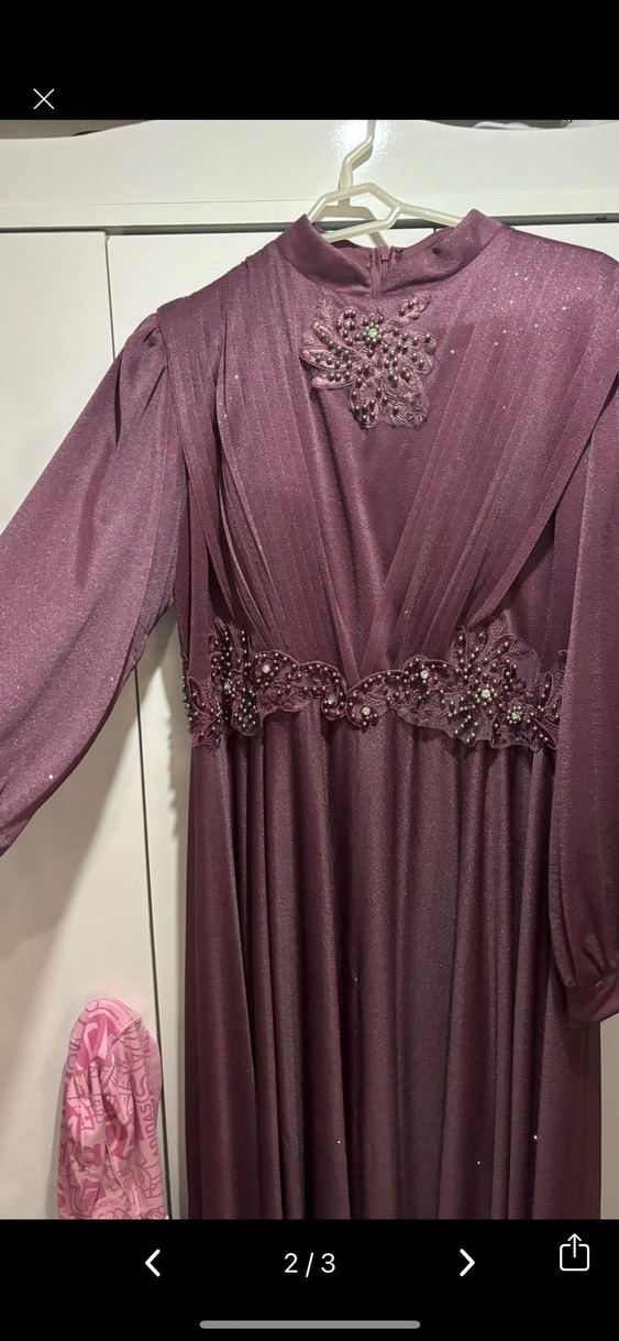 Bordo Uzun Kollu Drapeli Abiye Elbise - Görsel 2