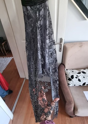 Uzun Gri Straplez Gotik Nakışlı Elbise
