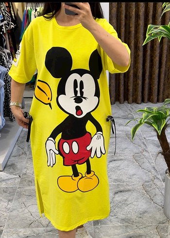 48 Beden sarı Renk Sarı Mickey Mouse Baskılı Salaş Elbise