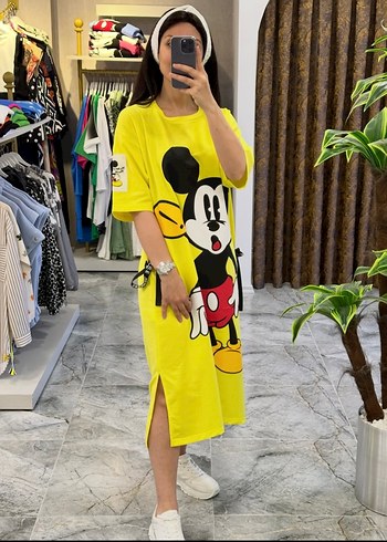 48 Beden Sarı Mickey Mouse Baskılı Salaş Elbise