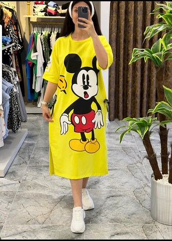 Sarı Mickey Mouse Baskılı Salaş Elbise