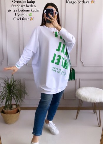 Yeşil Baskılı Oversize Kadın Sweatshirt