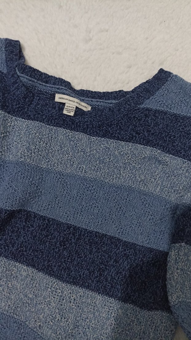 Mavi Çizgili Triko Örgü Kazak - Görsel 3