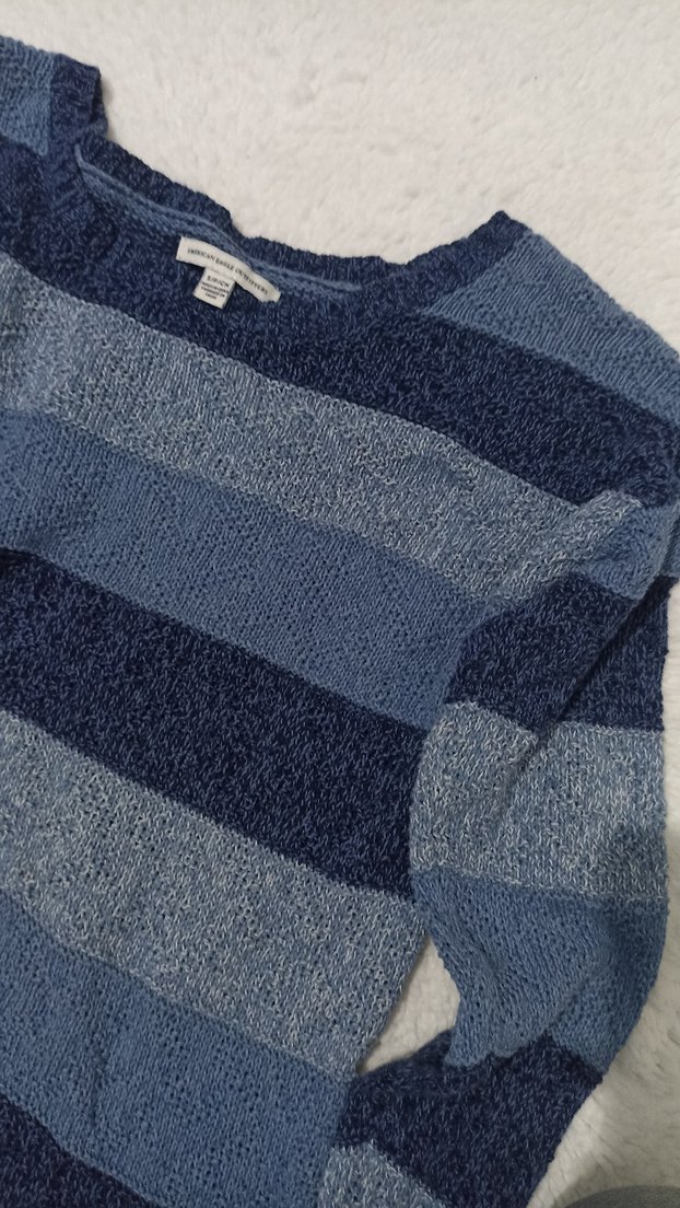 Mavi Çizgili Triko Örgü Kazak - Görsel 2