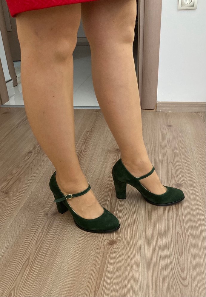 Koyu Yeşil Süet Tokalı Stiletto Topuklu Kadın Ayakkabı - Görsel 2