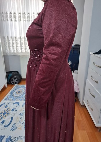 Bordo İşlemeli Uzun Kollu Abiye Elbise - Görsel 2
