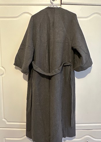 Gri Uzun Kadın Keten Düğmeli Kaban - Görsel 3