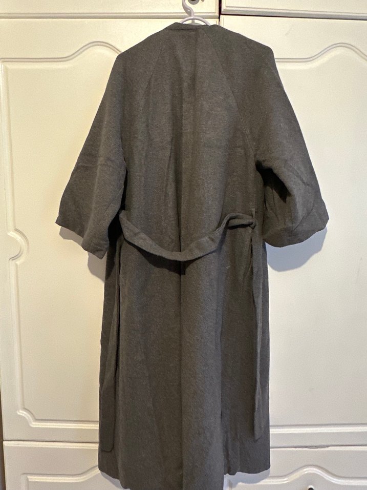 Gri Uzun Kadın Keten Düğmeli Kaban - Görsel 3