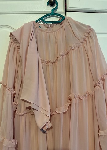 Pembe Uzun Kollu Fırfırlı Bohem abiye - Görsel 2