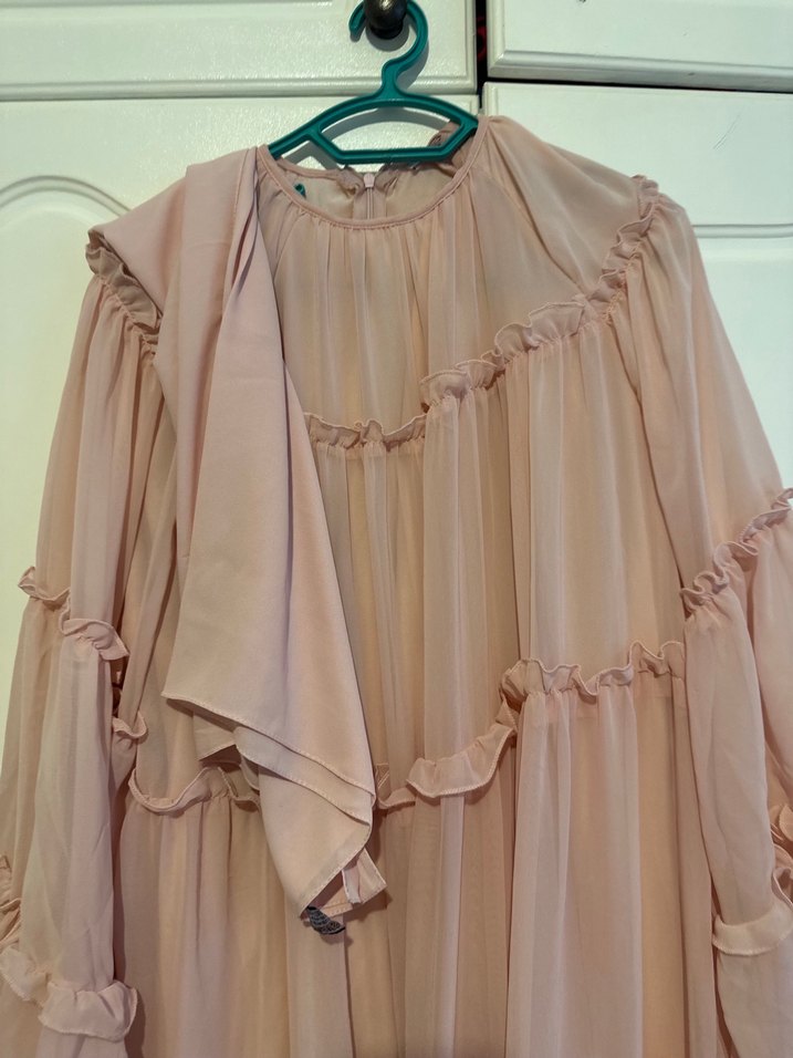 Pembe Uzun Kollu Fırfırlı Bohem abiye - Görsel 2