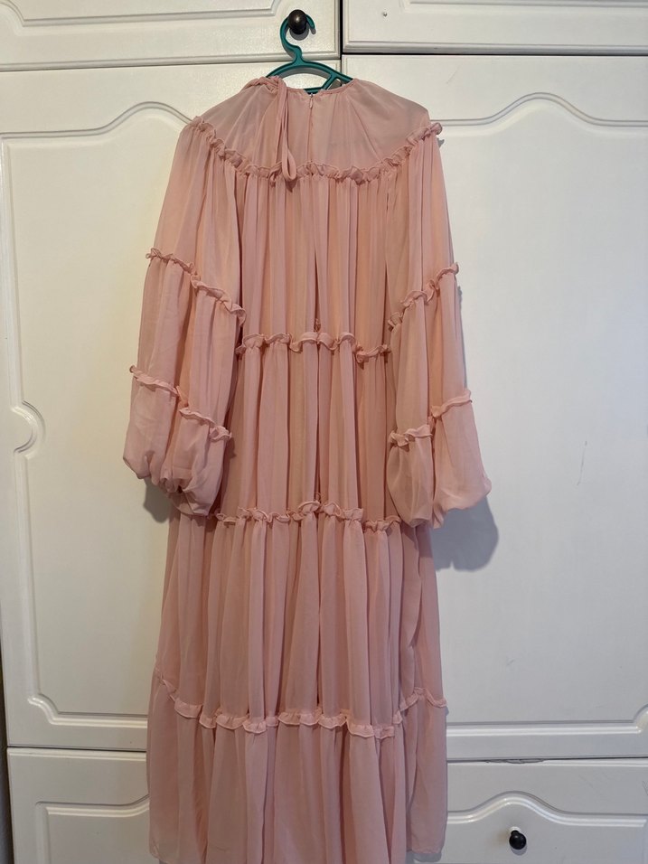 Pembe Uzun Kollu Fırfırlı Bohem abiye - Görsel 3