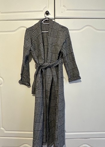 Kadın Gri Ekose Kemerli Uzun Kaban - Görsel 2