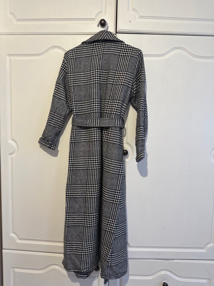 Kadın Gri Ekose Kemerli Uzun Kaban - Görsel 3