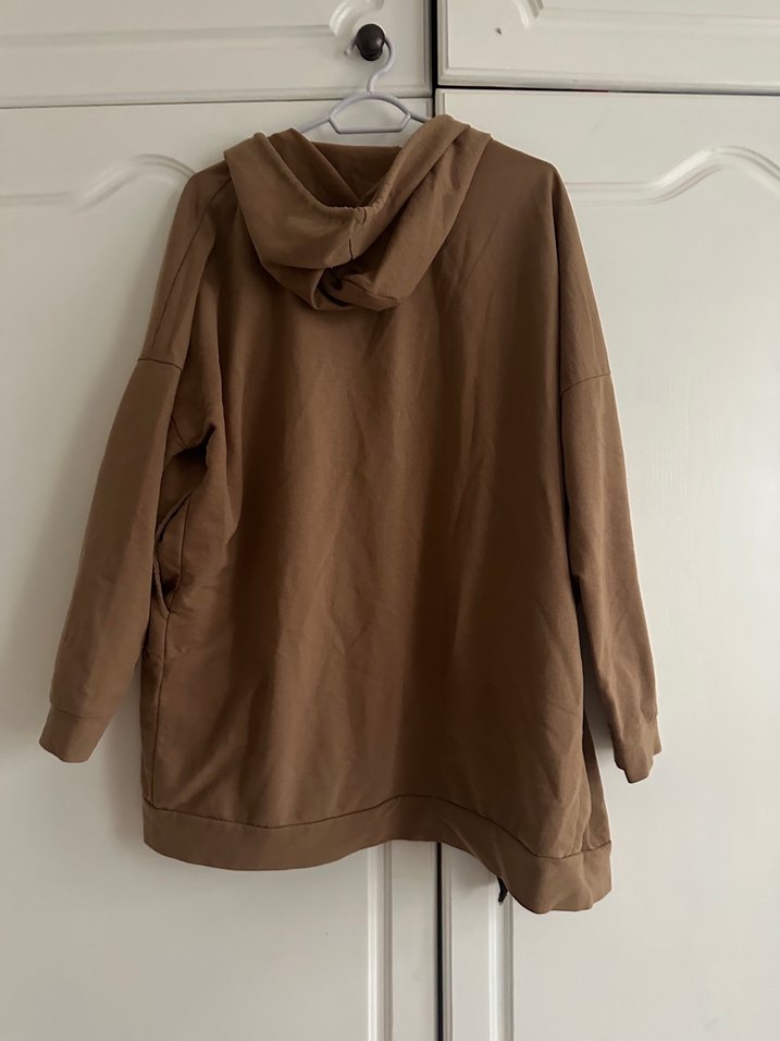 Bej Kadın Süet Kapüşonlu Midi Ceket - Görsel 3