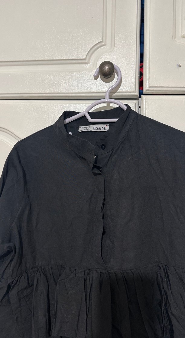 Kadın Siyah Uzun Kollu Fırfırlı Keten Bluz - Görsel 2