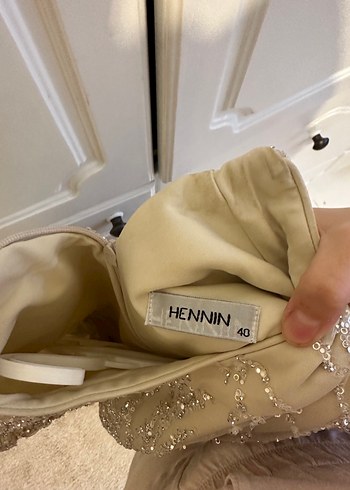 Bej Yılan Desenli Uzun Kollu Uzun Abiye Elbise - Görsel 3