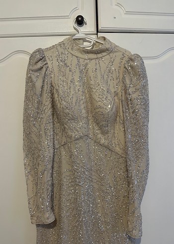 Bej Yılan Desenli Uzun Kollu Uzun Abiye Elbise - Görsel 2