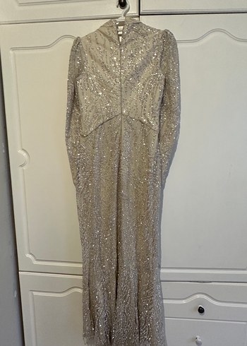 Bej Yılan Desenli Uzun Kollu Uzun Abiye Elbise - Görsel 4