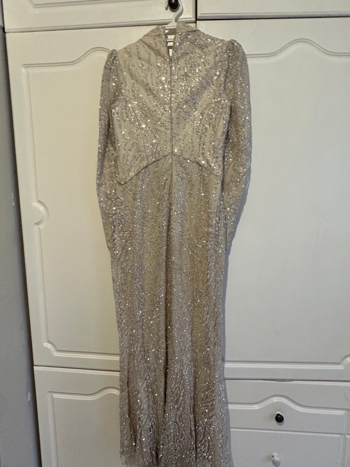 Bej Yılan Desenli Uzun Kollu Uzun Abiye Elbise - Görsel 4