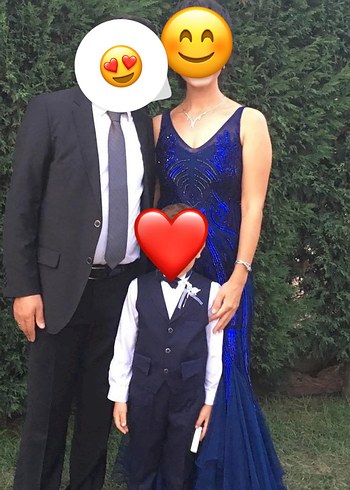 Lacivert V Yaka Taş detaylı Etek ucu Tül detaylı kuyruklu abiye - Görsel 2