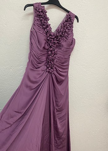 Mor Fırfırlı V Yaka Saten Kadın Abiye Elbise - Görsel 4