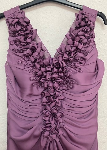 Mor Fırfırlı V Yaka Saten Kadın Abiye Elbise - Görsel 5