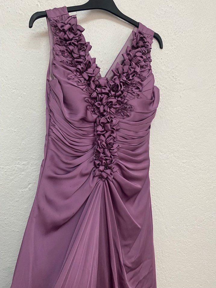 Mor Fırfırlı V Yaka Saten Kadın Abiye Elbise - Görsel 3